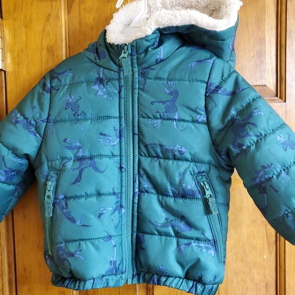 OshKosh B'gosh 18M Puffer Jacket Toddler Boys Teal Dinosaur Skeleton Hooded Coat